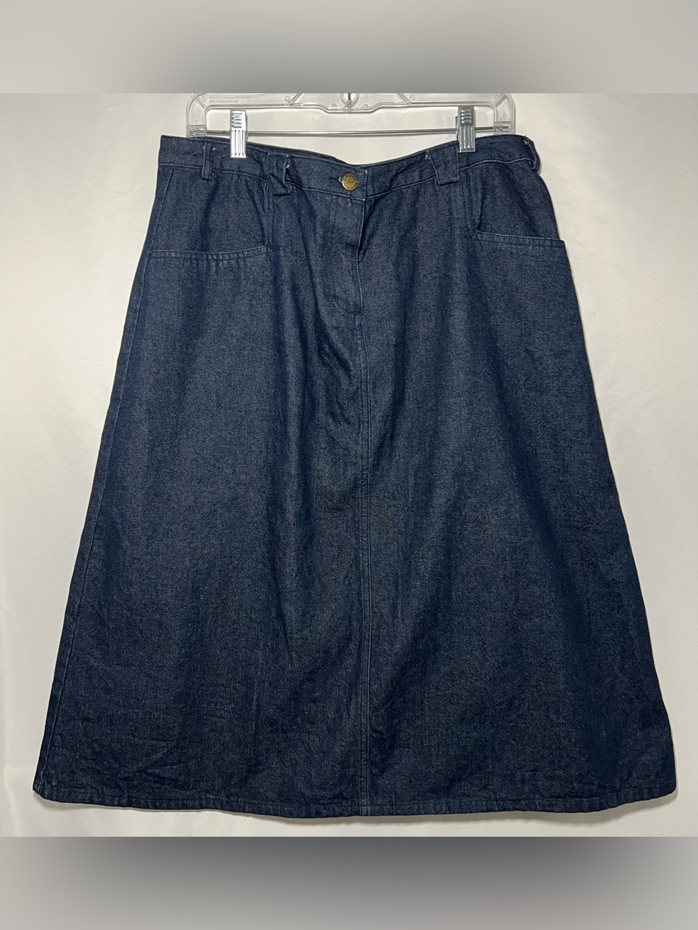Orvis Vintage Dark Wash Denim Midi Skirt A Line Pocket Front 100% Cotton